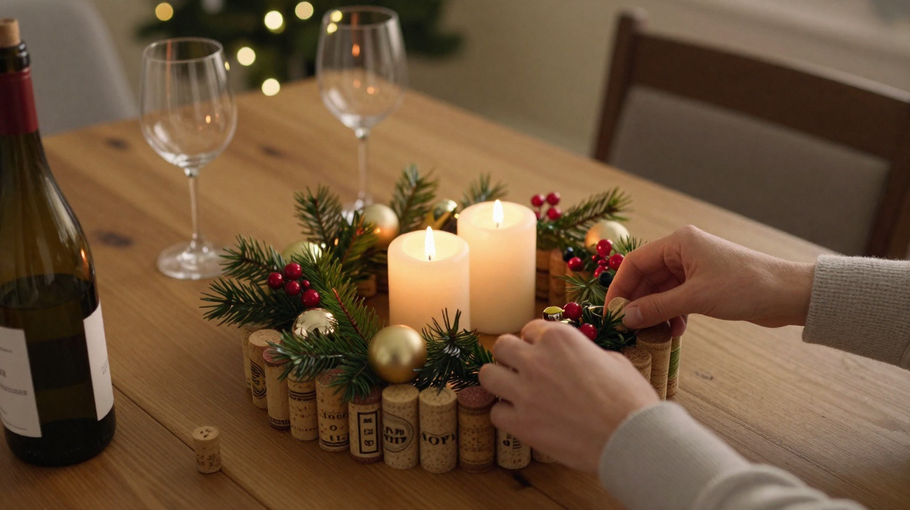 Adventní věnec z korkových zátků, ozdobený svícemi, vánočními koulemi a jehličím, na dřevěném stole.
