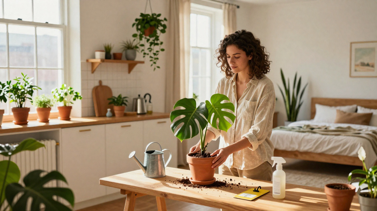 Žena přeskupuje Monstera rostlinu v květináči na dřevěném stole v světlém moderním bytě.