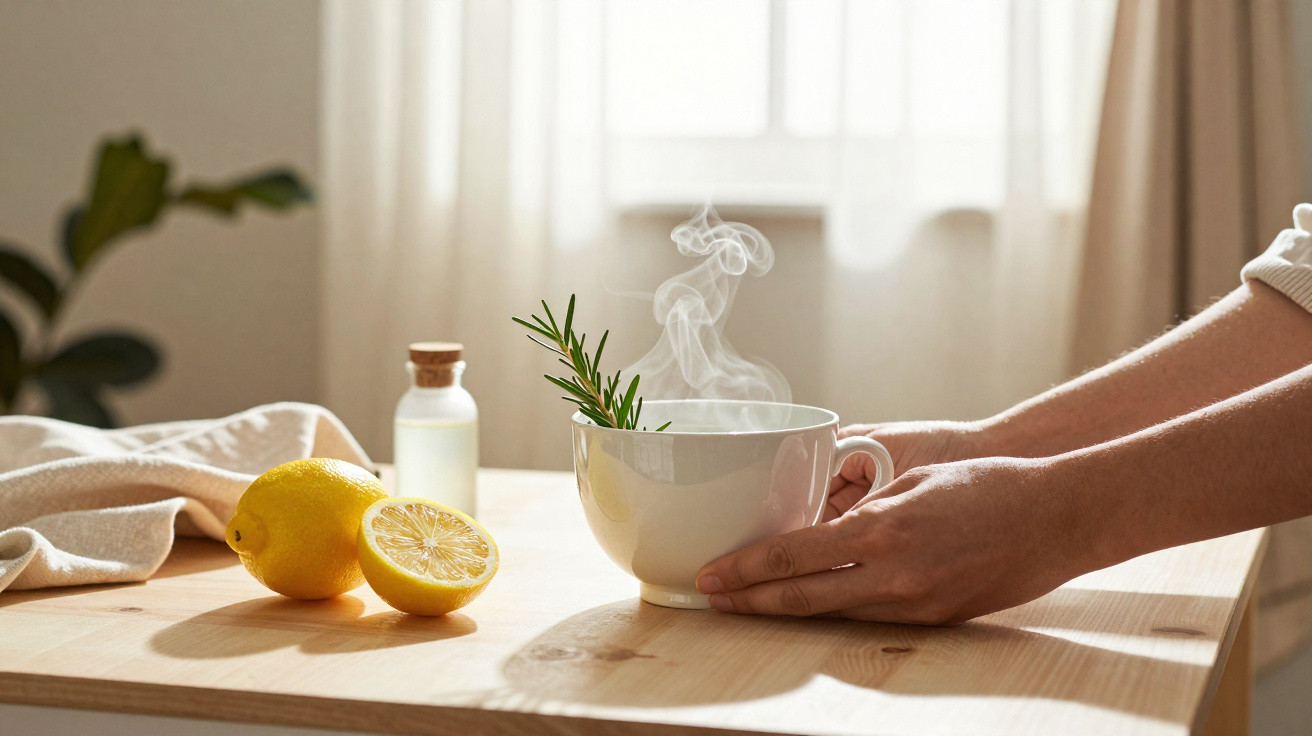 Ruční držení horkého šálku s pažitkou, na stole citron a malá lahvička, za oknem světlo.