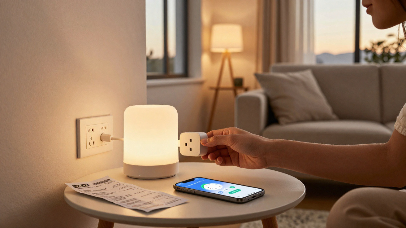 Osoba nastavuje chytrou zásuvku vedle zapnuté stolní lampy a mobilu v obývacím pokoji.