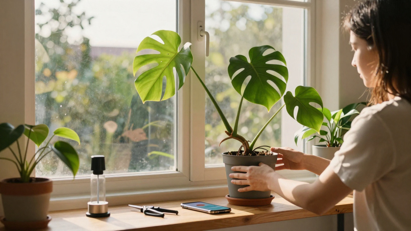 Žena pečuje o květinu Monstera stojící na okenním parapetu za denního světla.