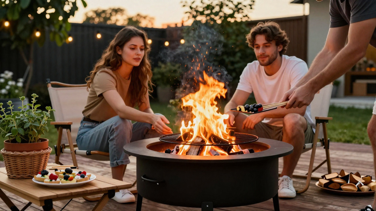 Skupina mladých lidí sedí u ohniště na zahradě a opéká marshmallows při západu slunce.