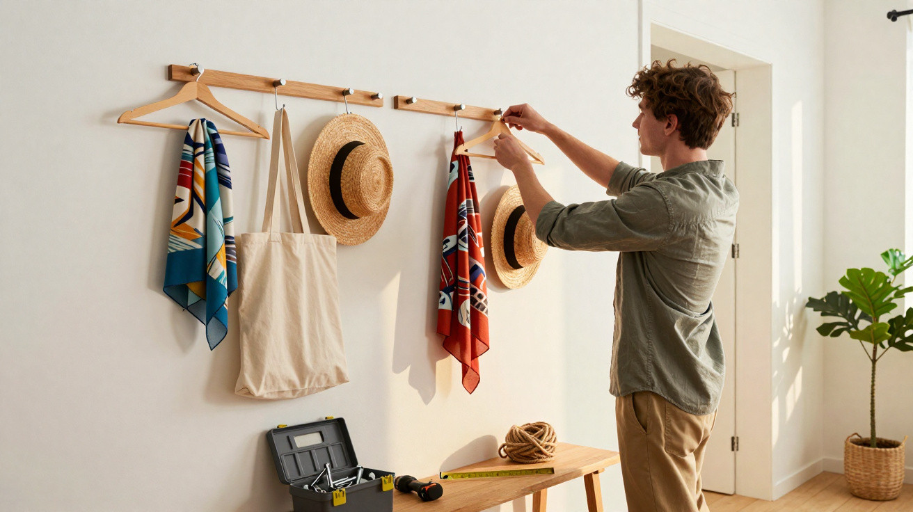 Muž věší ramínko na dřevěný věšák se šátky a slaměnými klobouky v světlé předsíni.