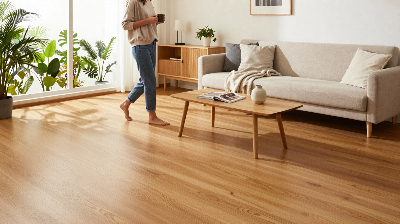 Žena s hrnkem v ruce chodí po světlé dřevěné podlaze v moderním obývacím pokoji s rostlinami.